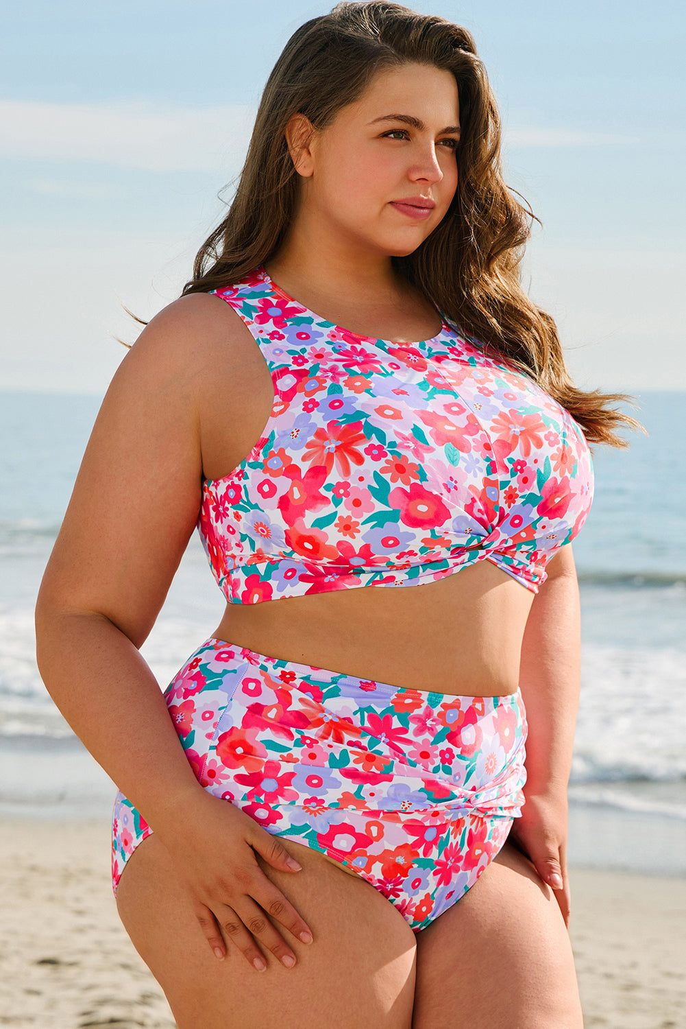 Conjunto de bikini de cintura alta con estampado floral de rosas, talla grande
