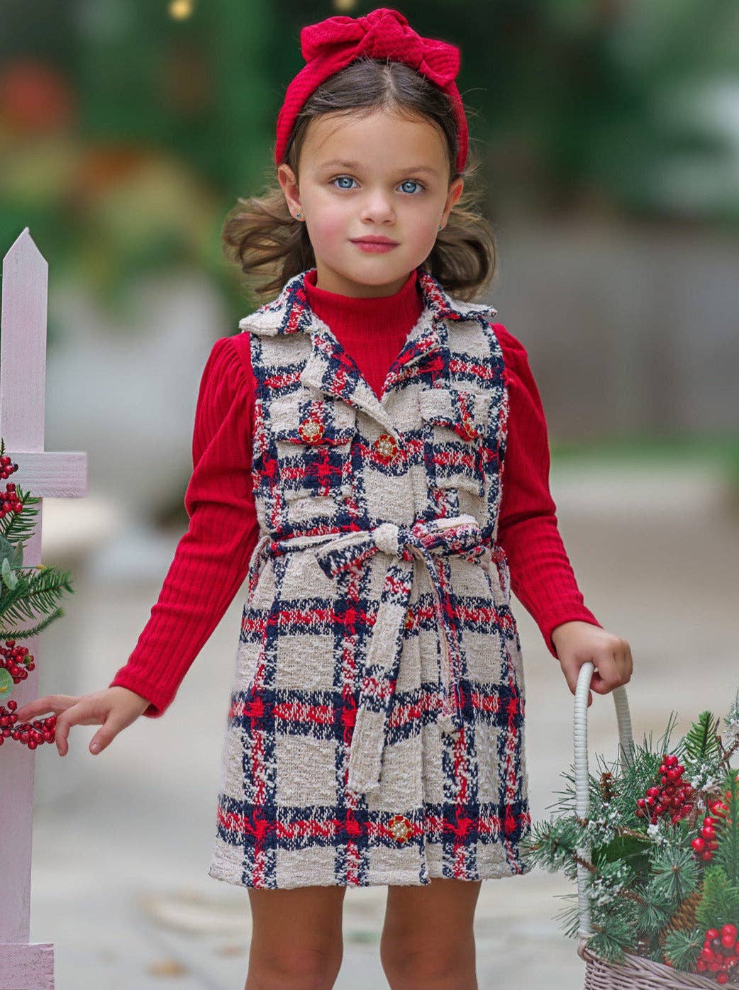 Make Santa Proud Turtleneck Top And Belted Plaid Dress Set