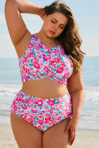 Conjunto de bikini de cintura alta con estampado floral de rosas, talla grande