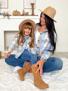 Mommy and Me Blue and Tan Plaid Flannel Long Sleeve Shirt