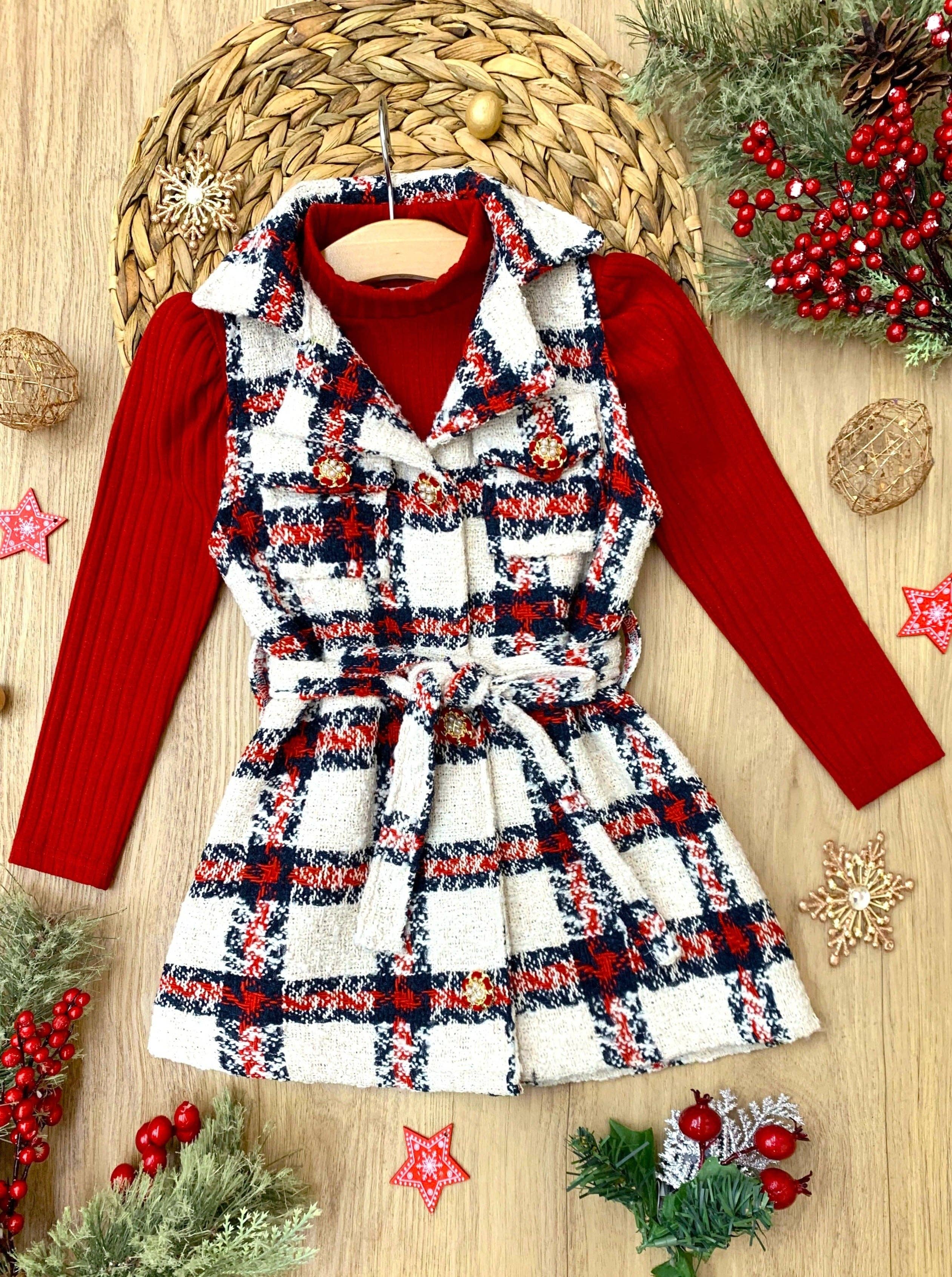 Make Santa Proud Turtleneck Top And Belted Plaid Dress Set