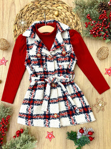 Make Santa Proud Turtleneck Top And Belted Plaid Dress Set