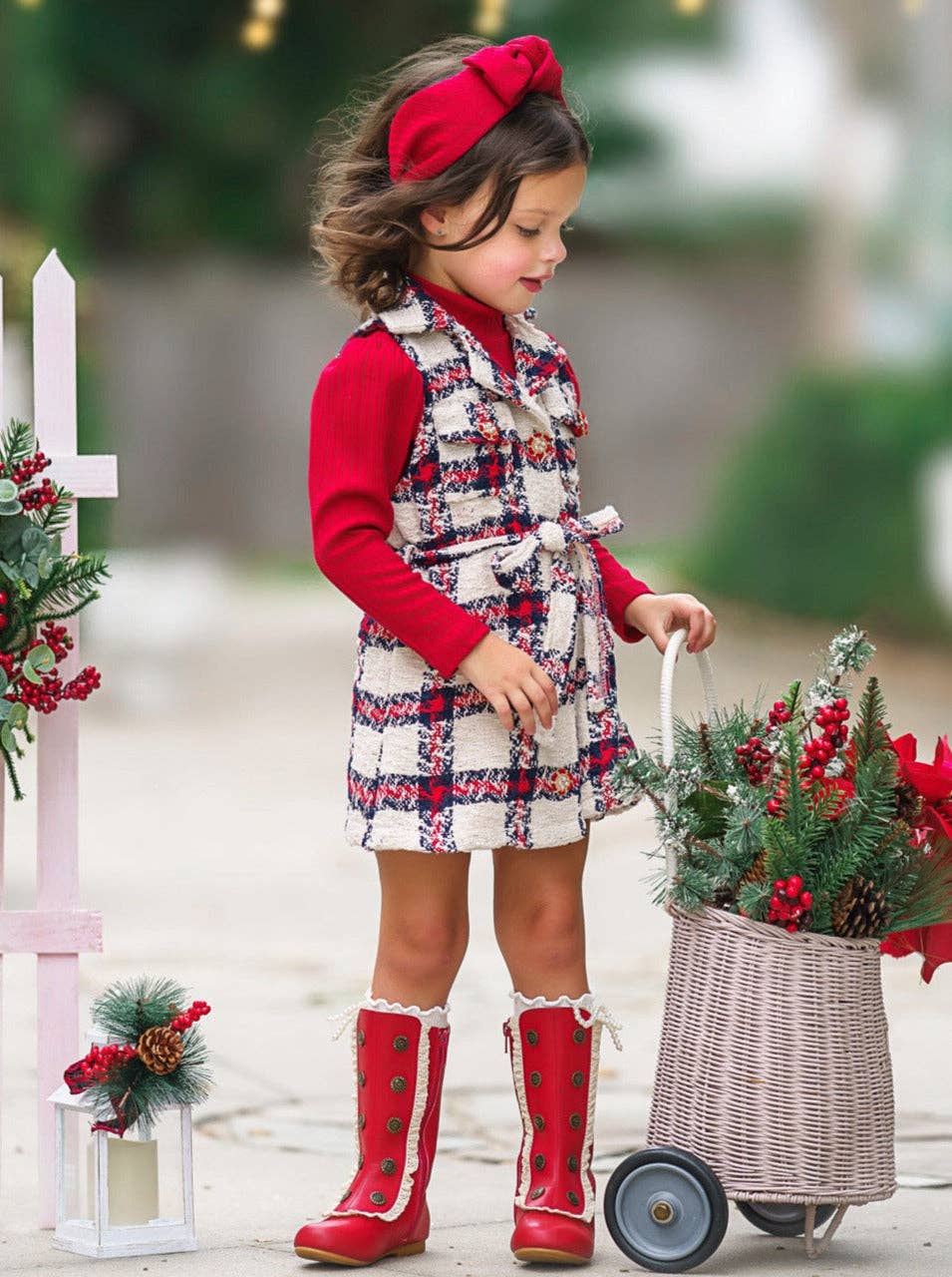 Make Santa Proud Turtleneck Top And Belted Plaid Dress Set