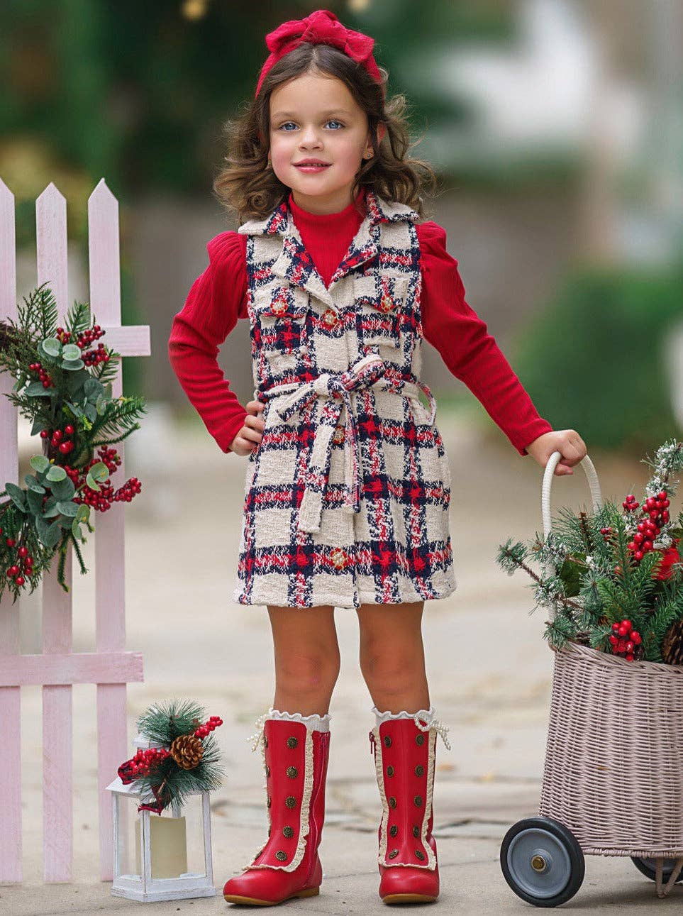 Make Santa Proud Turtleneck Top And Belted Plaid Dress Set