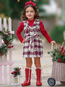 Make Santa Proud Turtleneck Top And Belted Plaid Dress Set