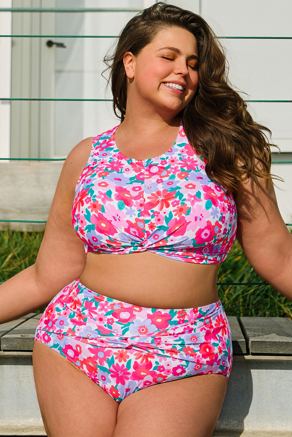 Conjunto de bikini de cintura alta con estampado floral de rosas, talla grande
